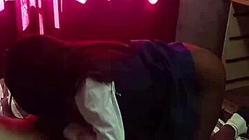 ebony babe drops to knees sucking big cock then bends over for hard doggystyle pounding