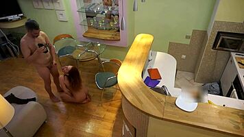 sexy young babe seduces older guy for kitchen pounding