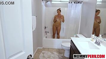 Milf teaches young stud anal pounding in bathroom with shaved pussy closeup