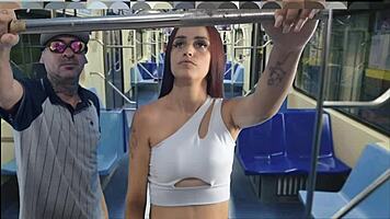 stranger fingers hot brunette pussy publicly on bus