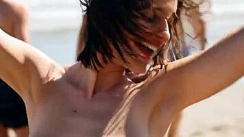 huge tits teen dances topless beach bounce!