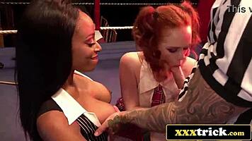 hey, ever seen pro wrestlers like headmistress and teen go crazy in a wild interracial threesome fuck?