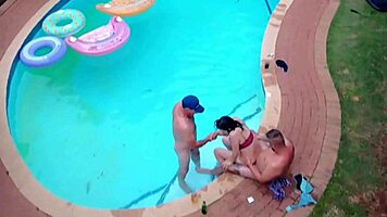 drone catches neighbors' wet orgy with pussy licking in swimming pool