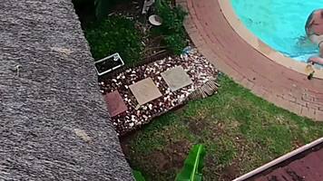 drone catches neighbors' wet orgy with pussy licking in swimming pool