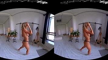 Busty blonde teen teases huge tits erotically in immersive VR solo scene