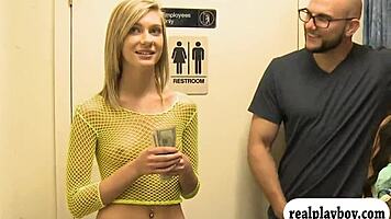 Slim blonde flashes small tits into cash 3some action