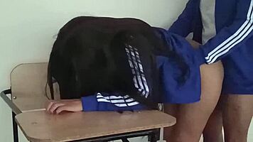 Petite latina teen rides cock in empty classroom pov