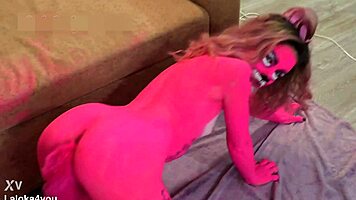 Bodypainted babe sensually sucks cock rides to cumshot on tits