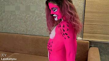 Bodypainted babe sensually sucks cock rides to cumshot on tits