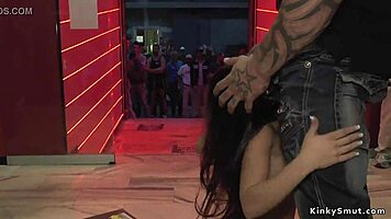 muscled master publicly dominates and punishes petite spinner