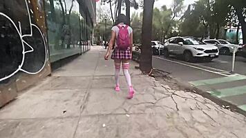 exhibitionist miniskirt slut begs for monster cock gaping her tight ass