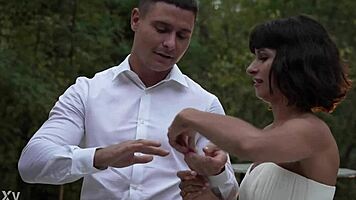 Wet Brunette Bride's Last Dirty Outdoor MMF with Two Monster Cocks Before Wedding