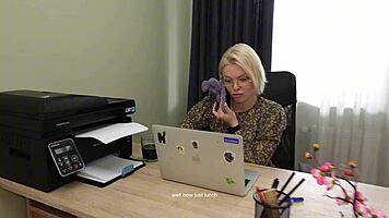 Secretary rides boss cock doggystyle while moaning to husband on phone call