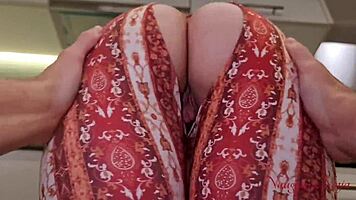 Curvy brunette maid bends over in kitchen for fat cock creampie tip reward