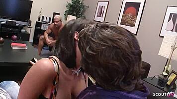 muscled cuckold watches wife ride big cocks then joins for sloppy doggystyle quickie