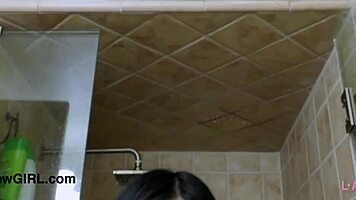 asian brunette teen 18+ steps into steamy shower