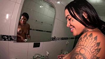 Two brunettes in mansion bath turn first-time lick fest wild