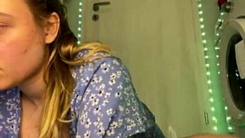 Blonde teen double dildo penetration close up