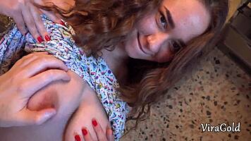 Skinny brunette gets kitchen deepthroat titty fuck and rimjob closeup