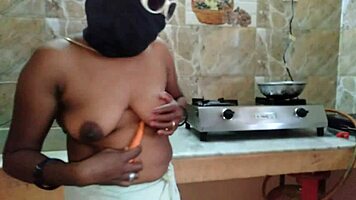 House maid aunt masturbates wildly with carrot in kitchen