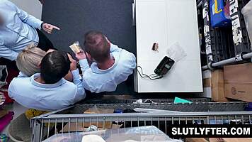 Desperate shoplifter Luna Luxe pounded by three monster cocks in office
