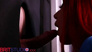 redhead nurse suckin patient cock deep at gloryhole cum facial explosion