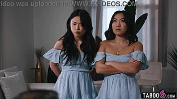 Asian stepdaughter twins eagerly share stepdad's monster cock deep