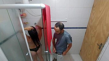 brunette latina in lingerie moans gagging on monster cock deepthroat in bathroom domination