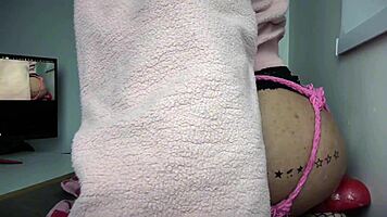 trans girl in fishnets destroys her narrow ass with huge dildo cage play extreme 🍑🔥💥