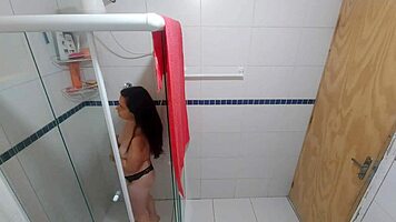 brunette latina in lingerie moans gagging on monster cock deepthroat in bathroom domination