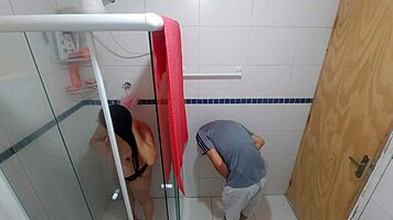 brunette latina in lingerie moans gagging on monster cock deepthroat in bathroom domination