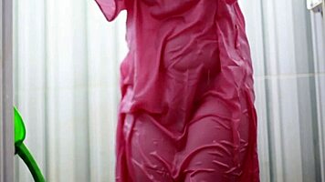 peeking on busty indo babe bathing in sheer satin dress unleashes massive curves!