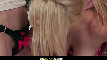 brunettes double team milf with intense strapon action