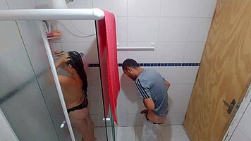 brunette latina in lingerie moans gagging on monster cock deepthroat in bathroom domination