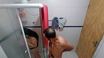 brunette latina in lingerie moans gagging on monster cock deepthroat in bathroom domination