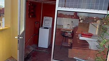 petite neighbor deepthroats cock by washing machine then swallows cum