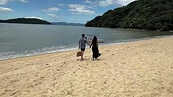 beach threesome heats up as he yanks bikini aside for deep cock thrusts