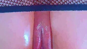 Puffy pink pussy stretched by BBC in fishnets hardcore