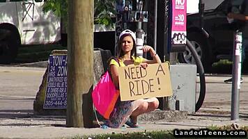 hey, wanna see this teen hitchhiker devour huge cock outdoors?