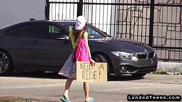 hey, wanna see this teen hitchhiker devour huge cock outdoors?