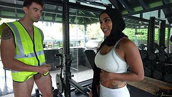 Arab gym girl seduces workers into rough gangbang frenzy