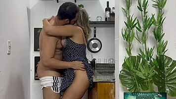 mama studio's mature latina milf takes brutal monster cock pounding in kitchen creampie surprise