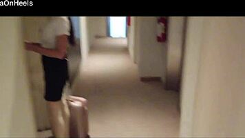 Milf struts hotel halls teasing in stockings heels