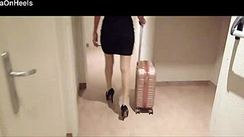 Milf struts hotel halls teasing in stockings heels