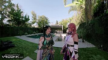 Horny babes enjoy ffm threesome in cosplay parody