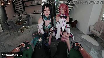 Horny babes enjoy ffm threesome in cosplay parody