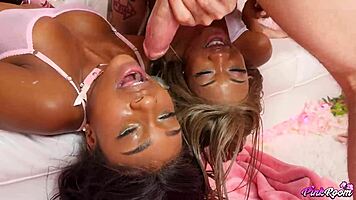 obedient cuties in pink room get rough group sex