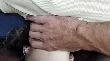 Brunette babe deepthroats huge cock pov