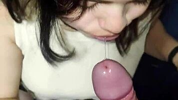 Brunette babe deepthroats huge cock pov