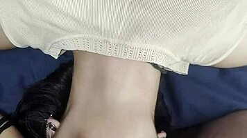 Brunette babe deepthroats huge cock pov